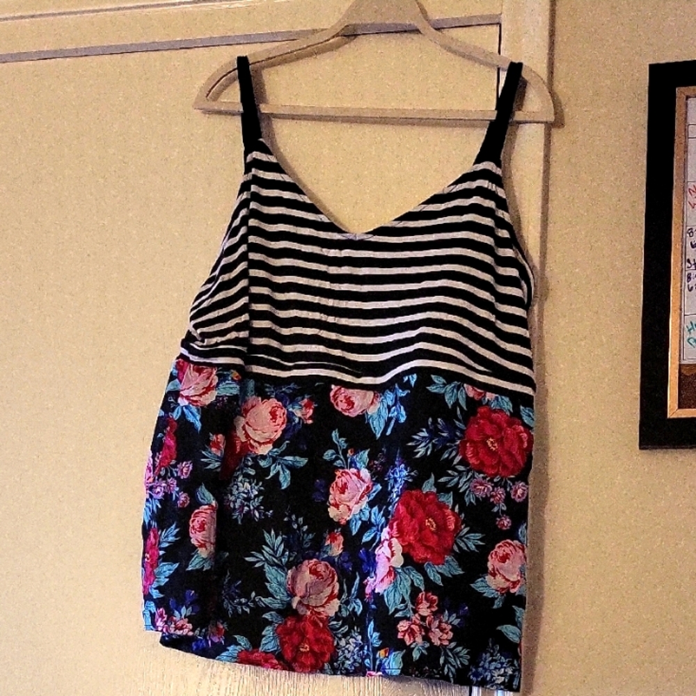 Multicolored sleeveless camisole top with floral and striped design